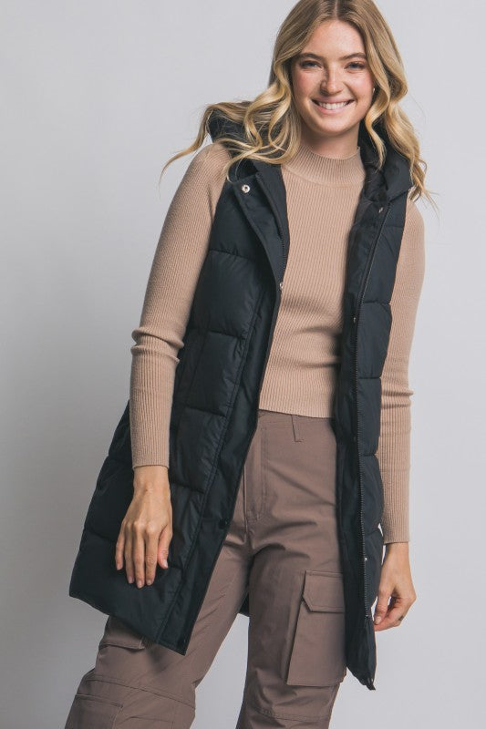 Hooded Long Quilted Puffer Vest