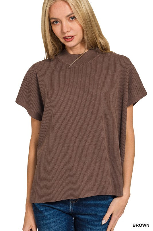 Viscose Mock Neck Short Sleeve Boxy Sweater
