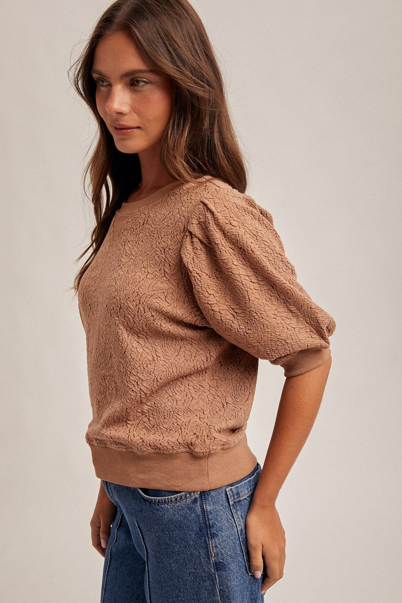 Floral Knit Pleated Sleeve Jacquard Sweatshirt
