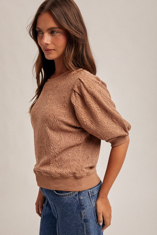 Floral Knit Pleated Sleeve Jacquard Sweatshirt