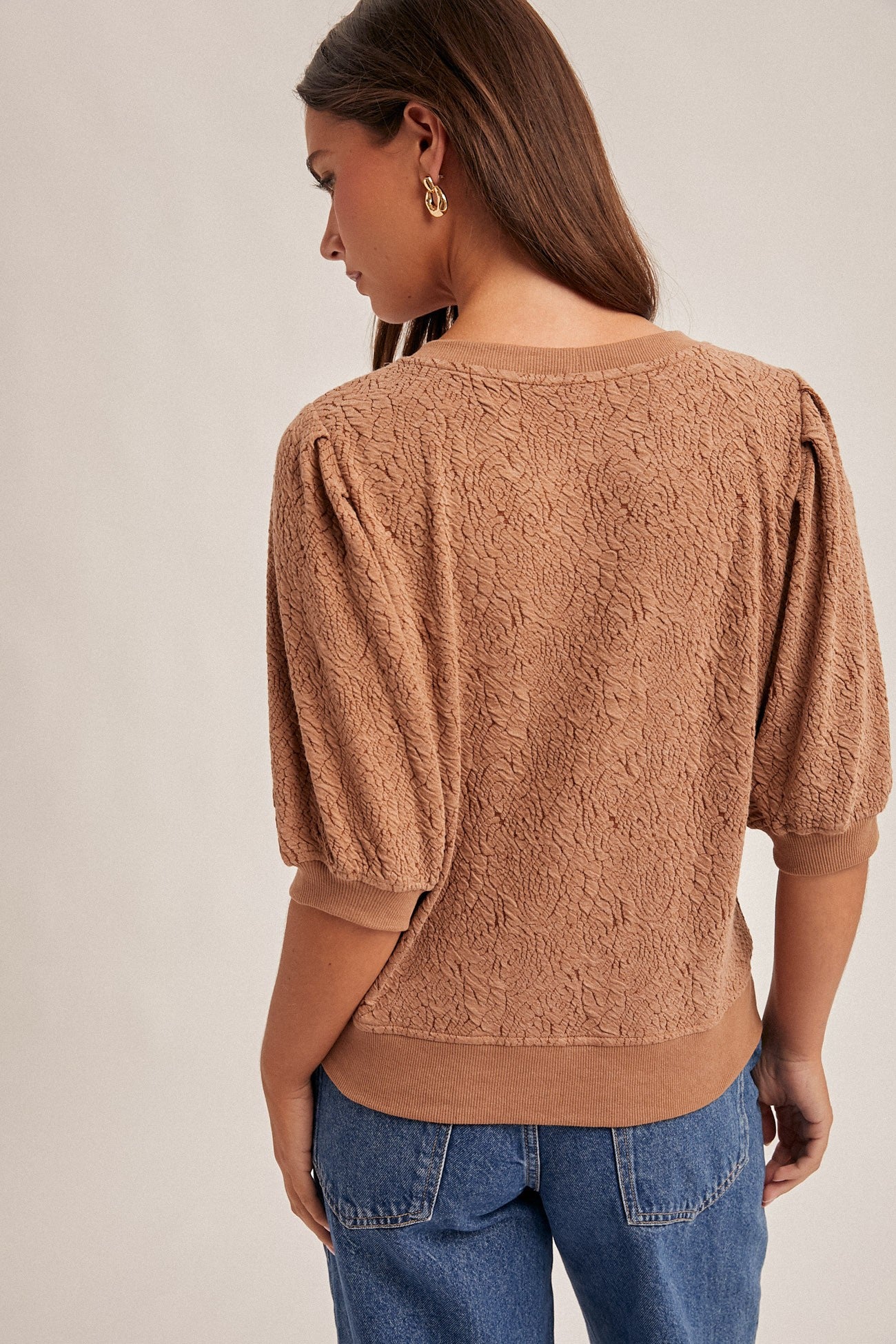 Floral Knit Pleated Sleeve Jacquard Sweatshirt