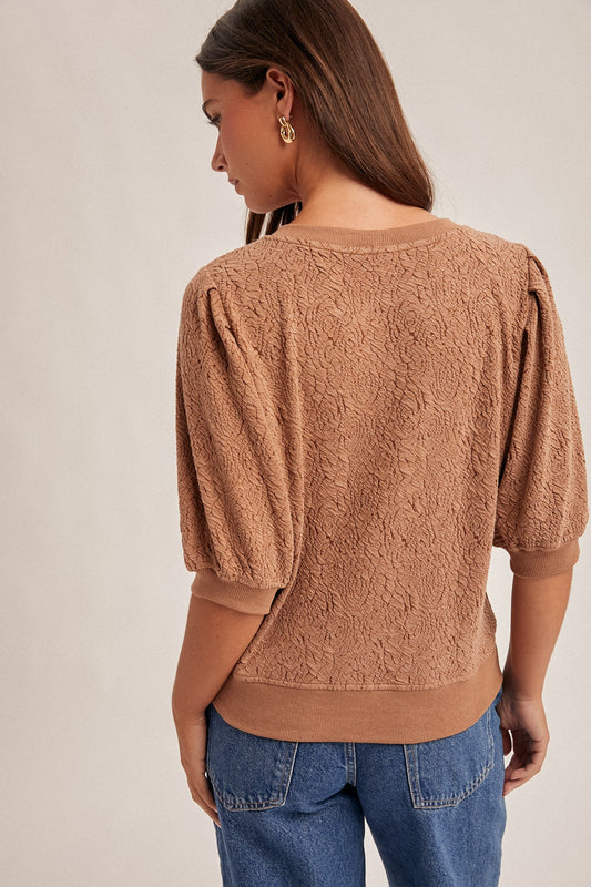 Floral Knit Pleated Sleeve Jacquard Sweatshirt