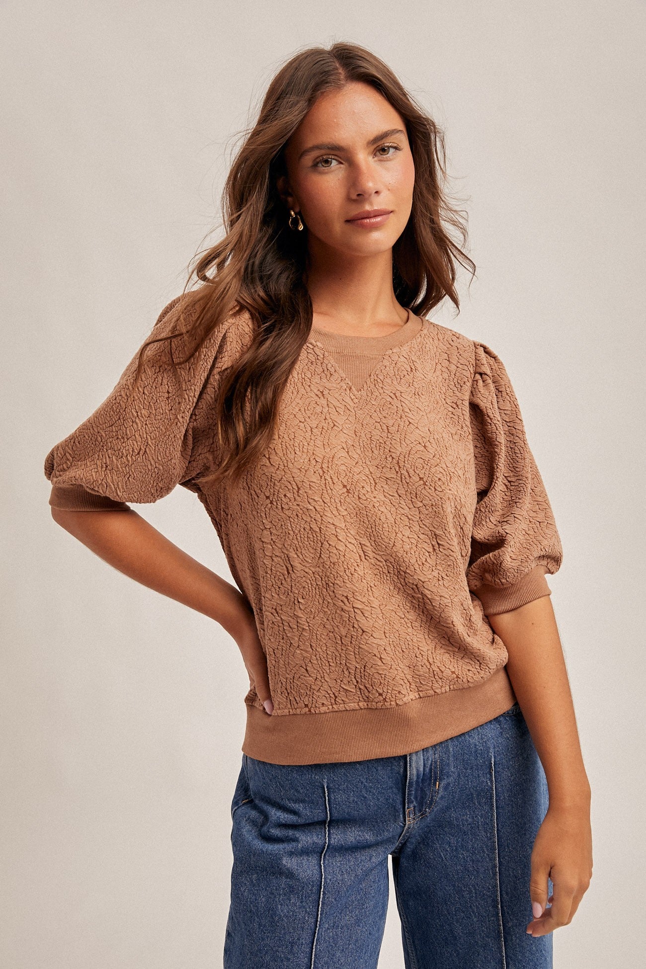 Floral Knit Pleated Sleeve Jacquard Sweatshirt