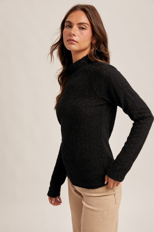 Mock Neck Long Sleeve Brushed Lace Top
