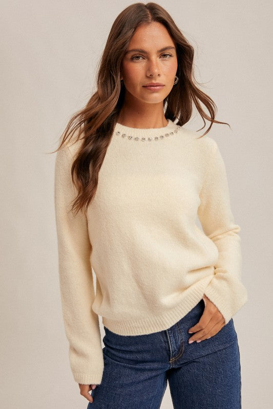 Jewel Neck Detail Keyhole Back Sweater Pullover