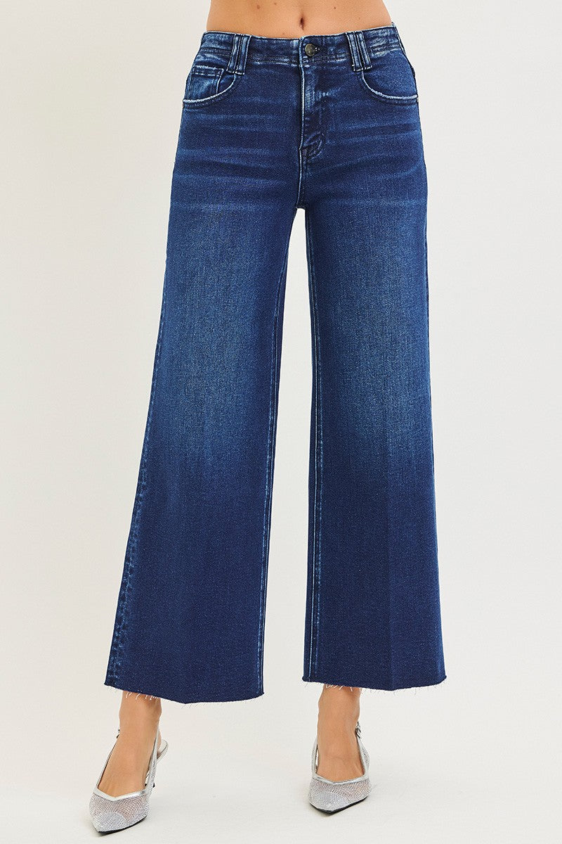 High Rise Ankle Wide Jeans With Crease Line Detail