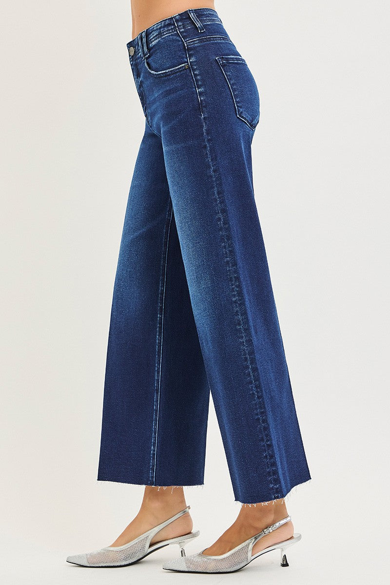 High Rise Ankle Wide Jeans With Crease Line Detail