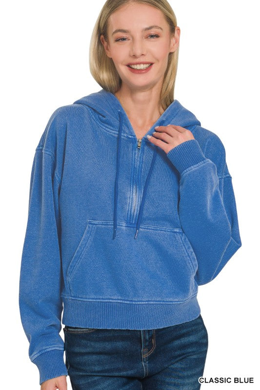 Fleece Pigment Dye Half Zip Kangaroo Pocket Hoodie