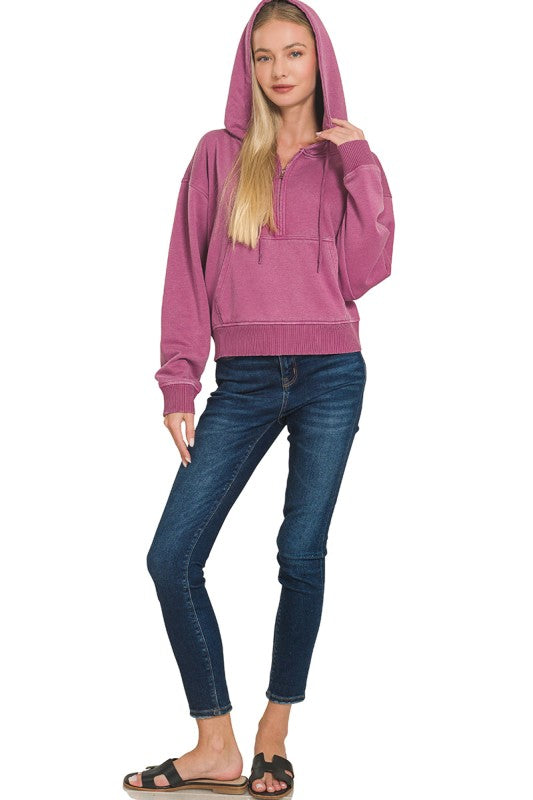 Fleece Pigment Dye Half Zip Kangaroo Pocket Hoodie
