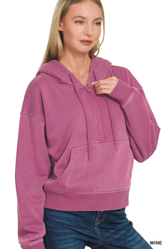 Fleece Pigment Dye Half Zip Kangaroo Pocket Hoodie
