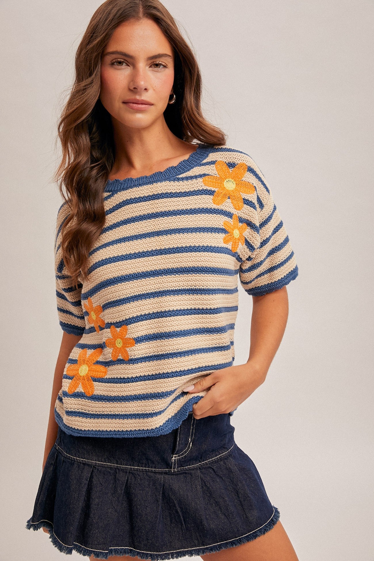 Floral Embroidered Striped Sweater Top