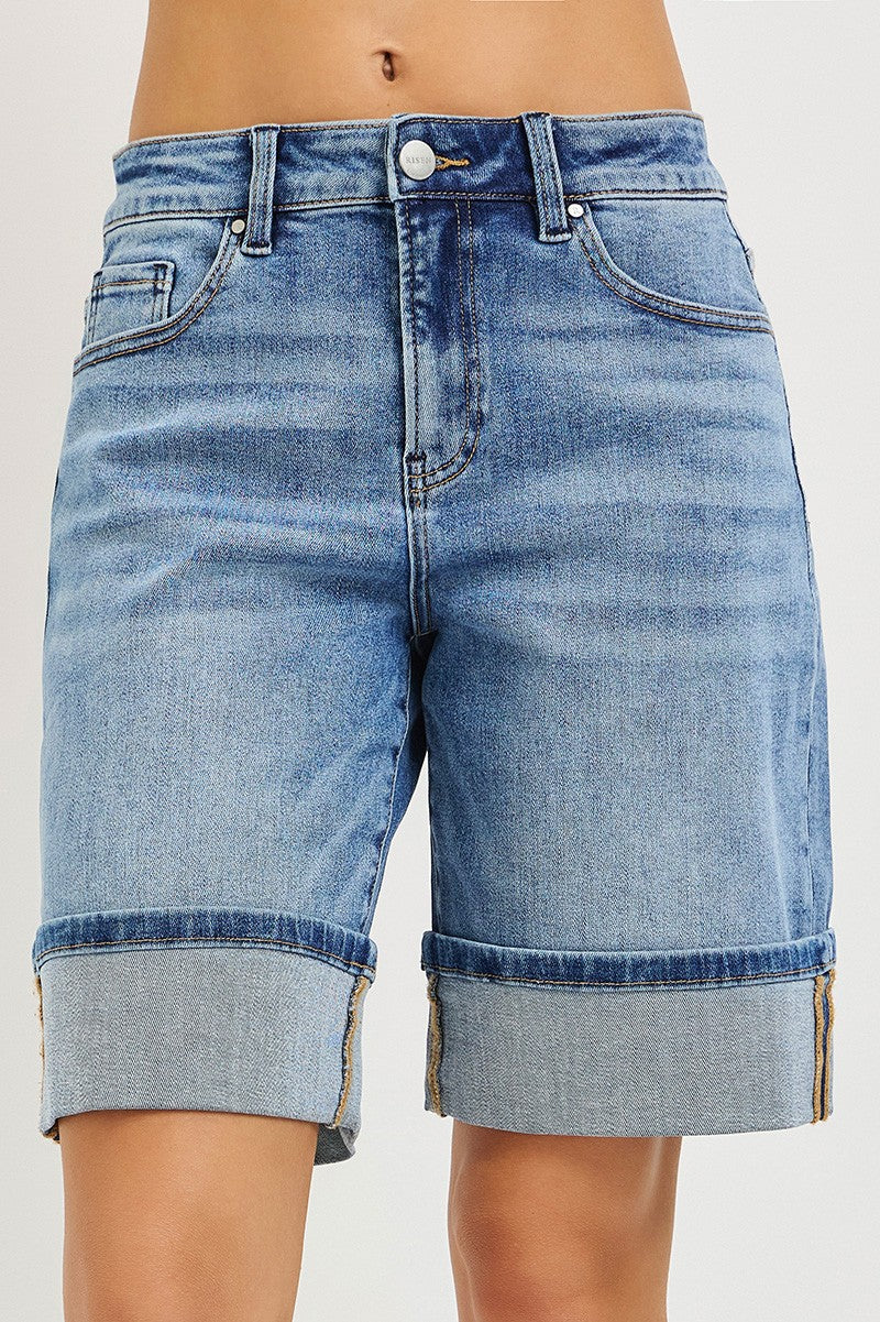 High Rise Mid Length Cuffed Shorts