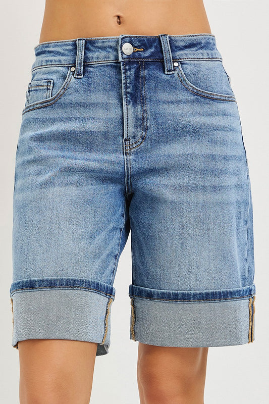 High Rise Mid Length Cuffed Shorts