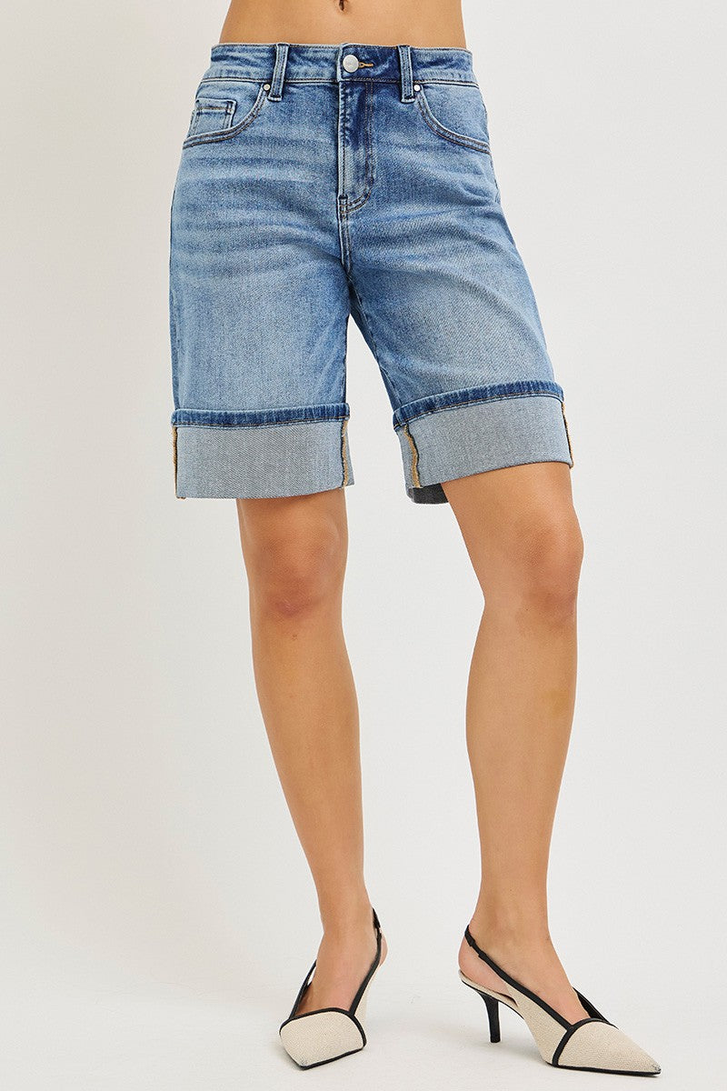 High Rise Mid Length Cuffed Shorts