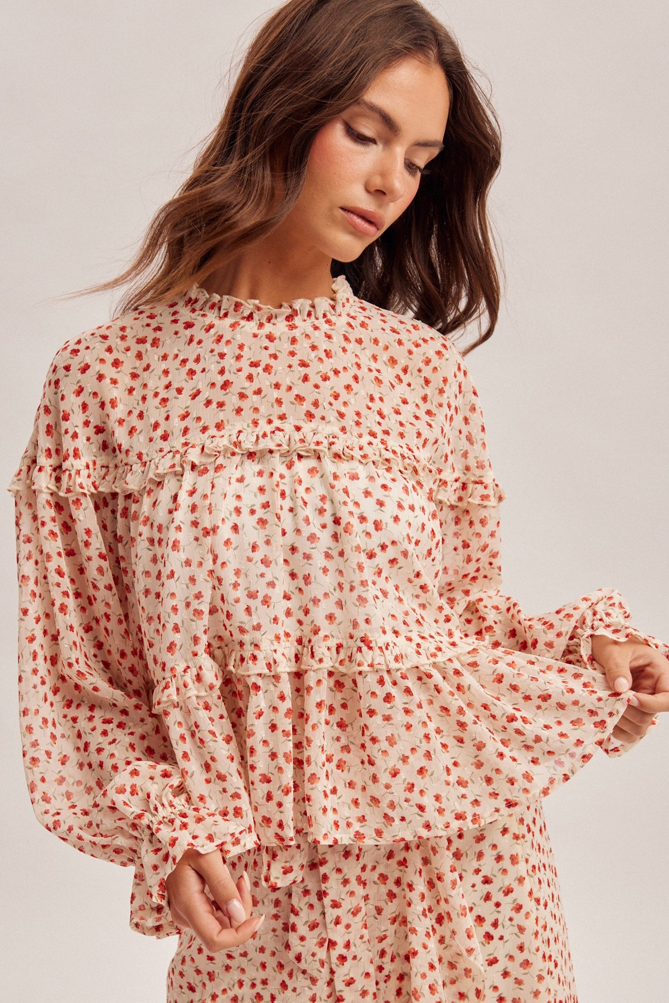 Floral Chiffon Ruffle Detail Blouse