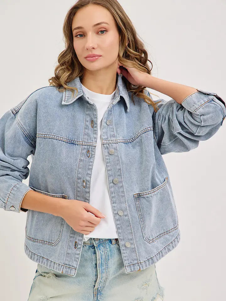 Washed Denim Jacket with Patch Pocket Perfect For Layering