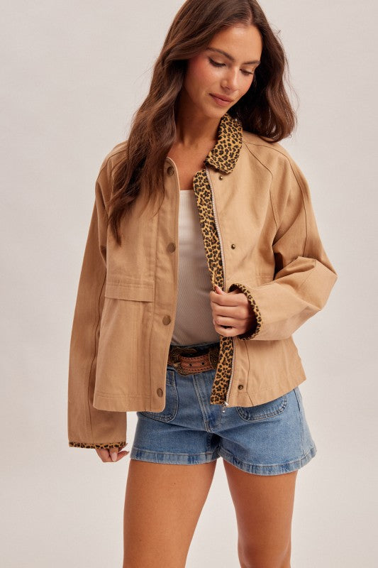 Animal Print Contrast Twill Jacket With Pockets
