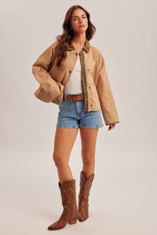 Animal Print Contrast Twill Jacket With Pockets