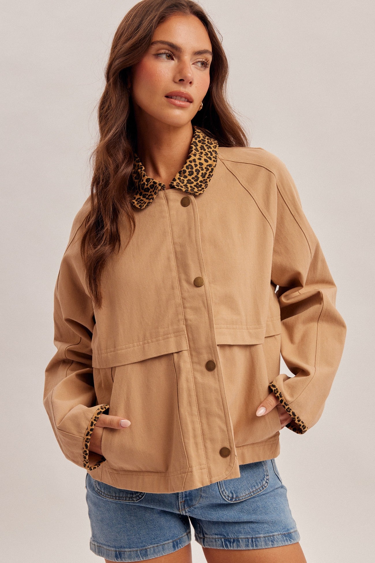 Animal Print Contrast Twill Jacket With Pockets