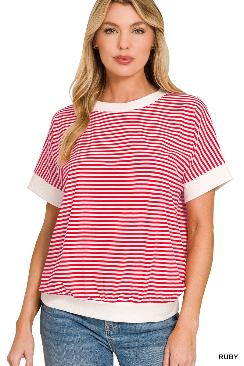 Stripe Contrast Trim Rib Banded Top