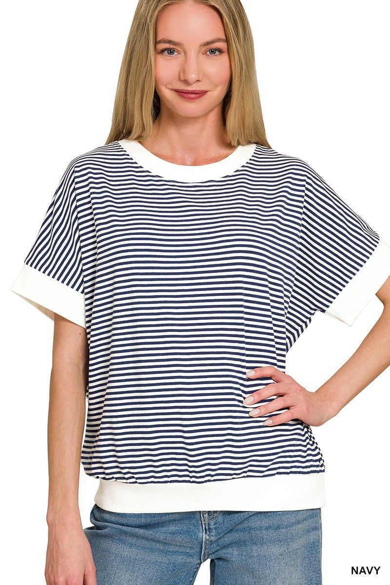 Stripe Contrast Trim Rib Banded Top