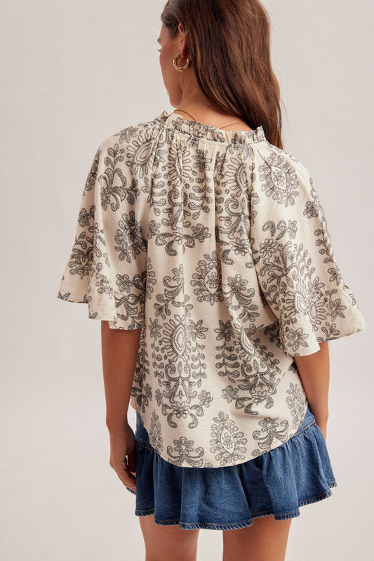 Bohemian Print Flutter Sleeve Ruffle V Neck Blouse