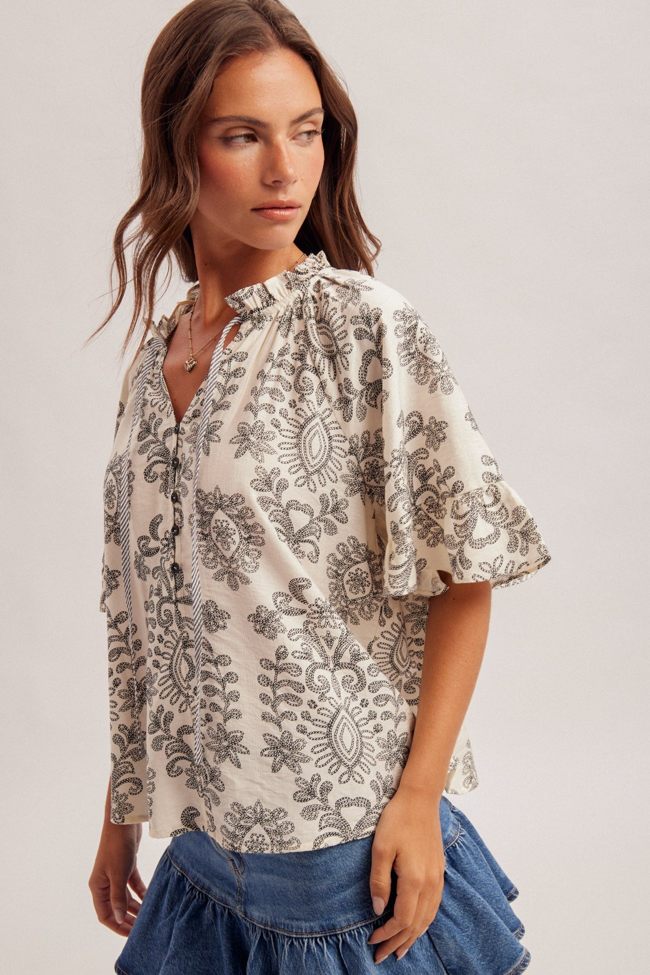 Bohemian Print Flutter Sleeve Ruffle V Neck Blouse