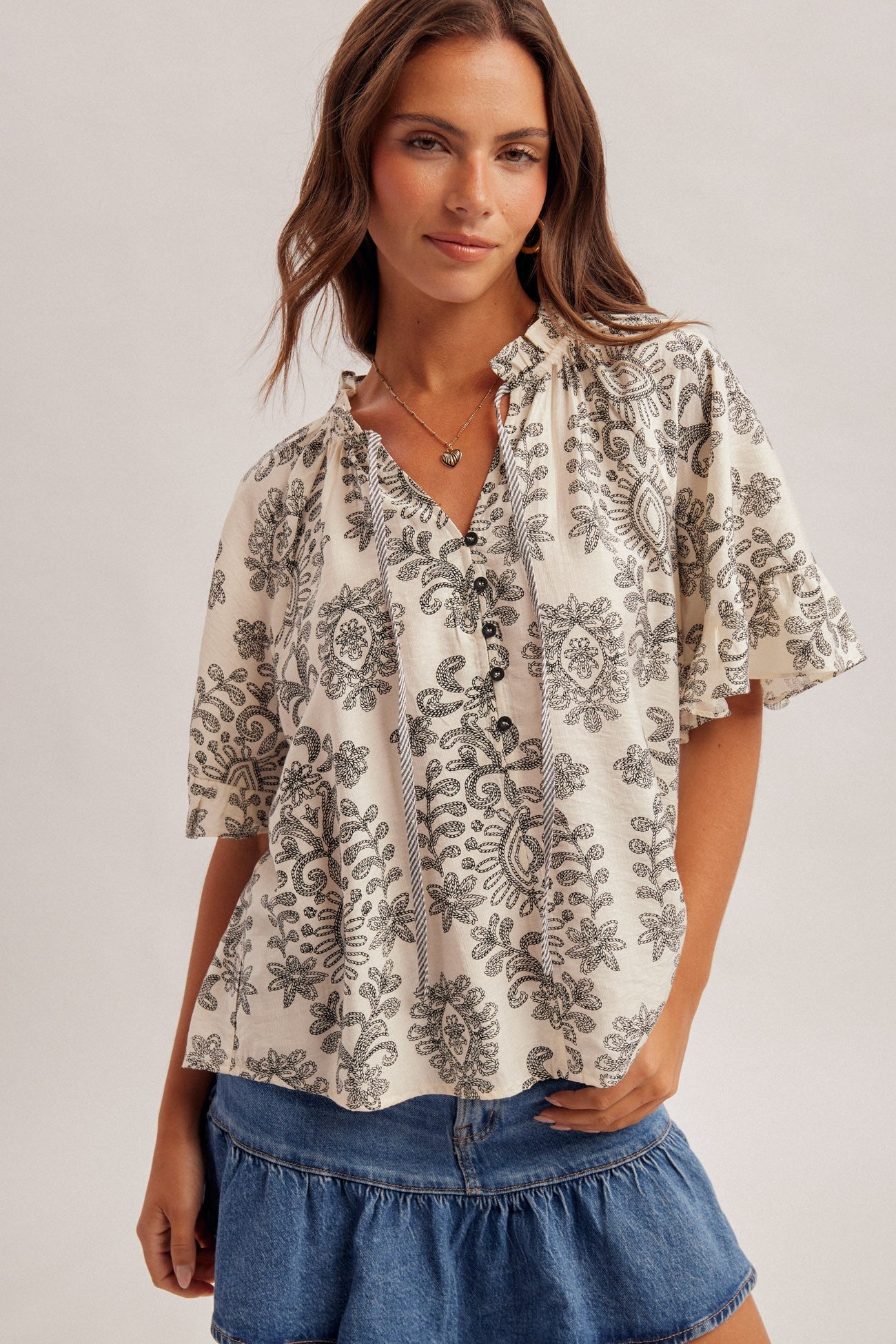 Bohemian Print Flutter Sleeve Ruffle V Neck Blouse