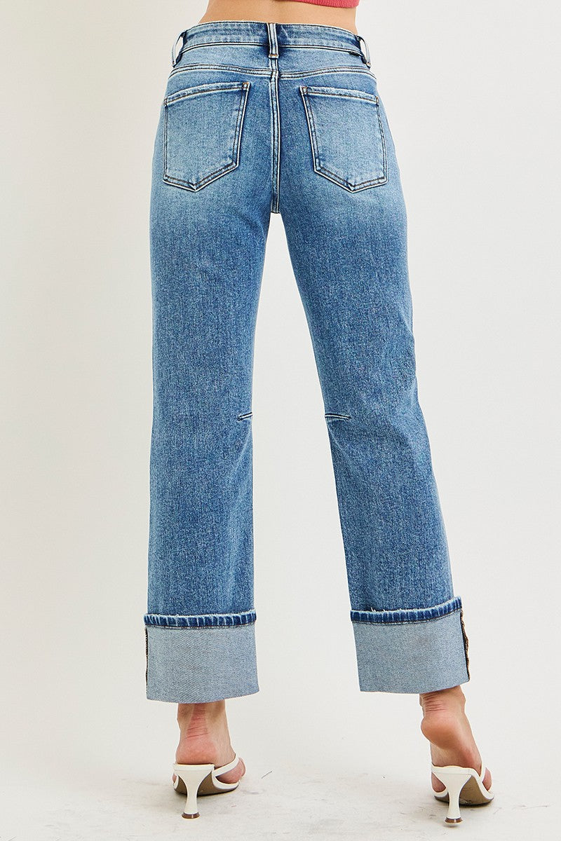 High Rise Straight Cuffed Hem Jeans