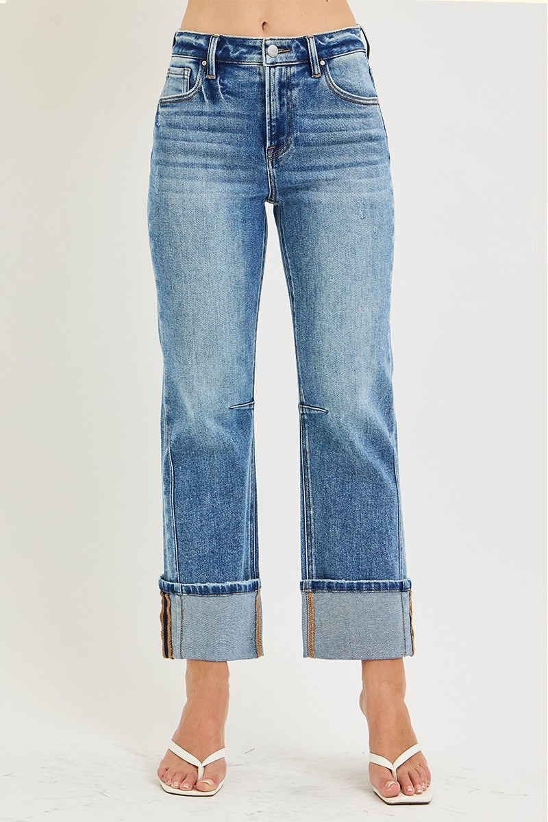 High Rise Straight Cuffed Hem Jeans