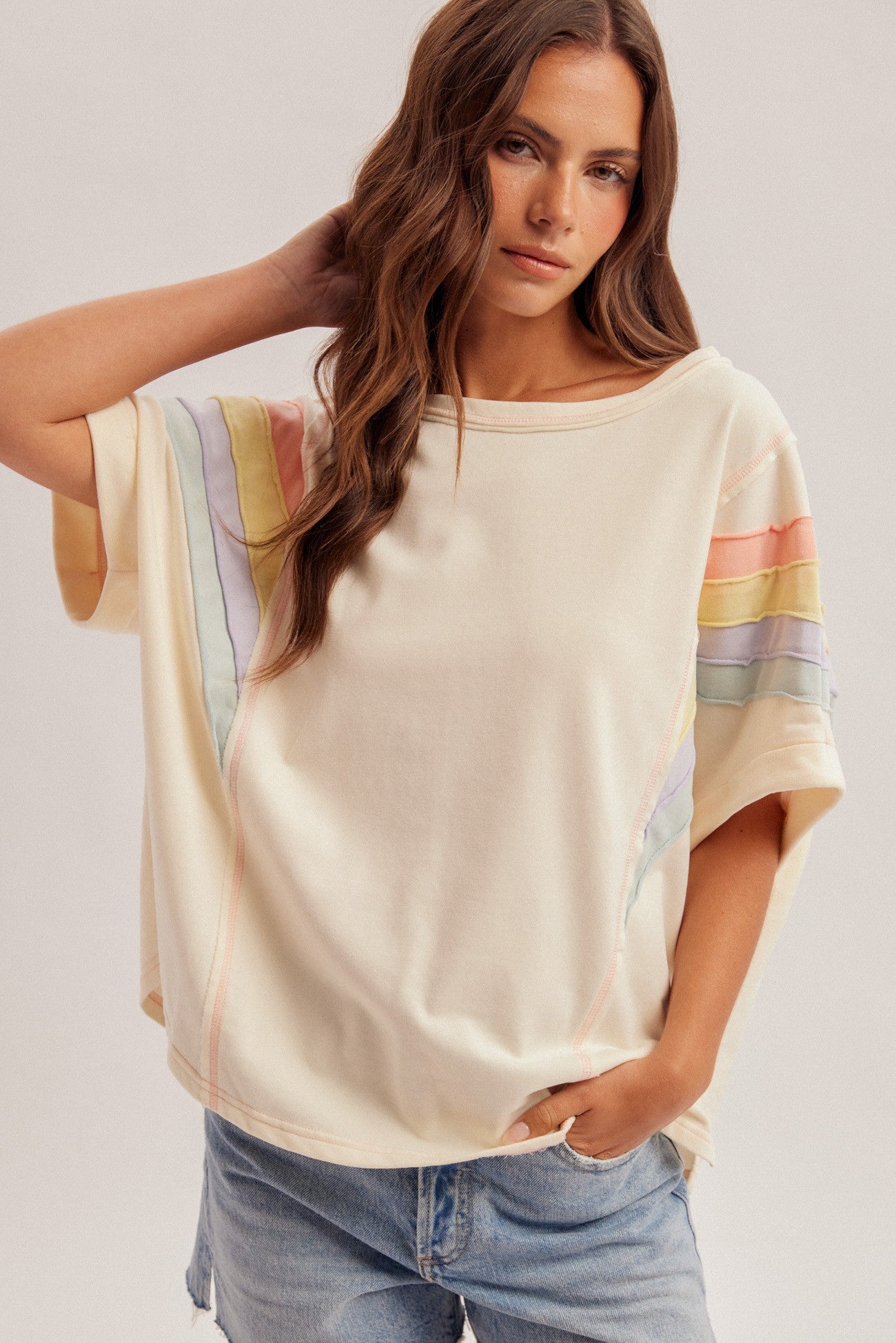 Rainbow Shoulder Oversized Washed Top