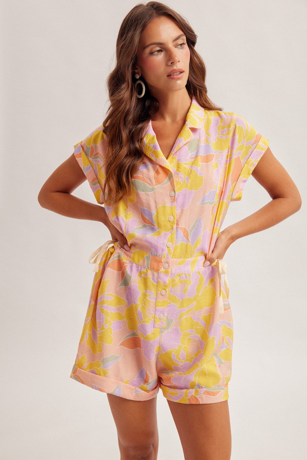 Floral Print Button Down Romper With Side Ties