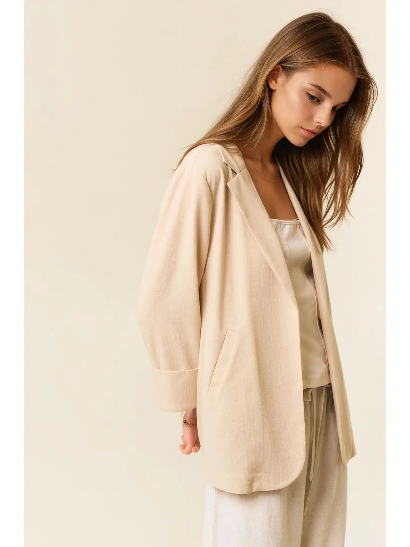 Open Front 3/4 Sleeve Thermal Blazer W/Pocket