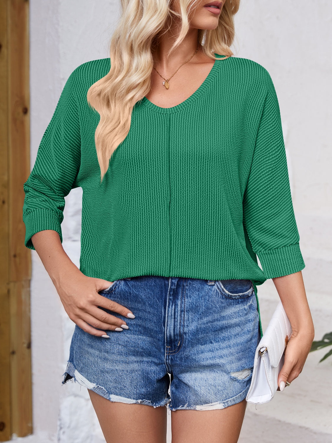 Pre-Order Lovelet Textured Round Neck Three-Quarter Sleeve Blouse