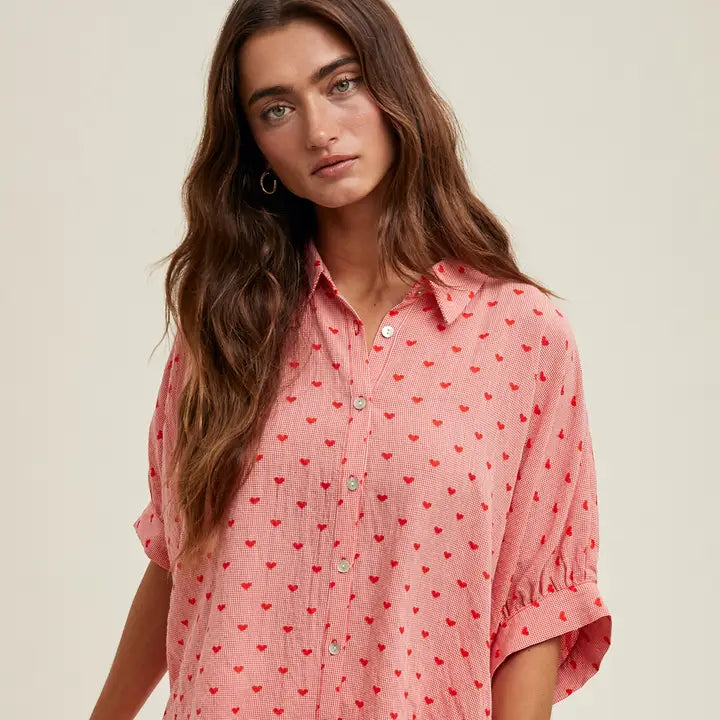 Heart Detailed Plaid Button-Up Blouse