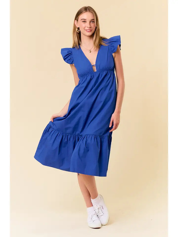Cotton Poplin Flutter Sleeve Midi Dress