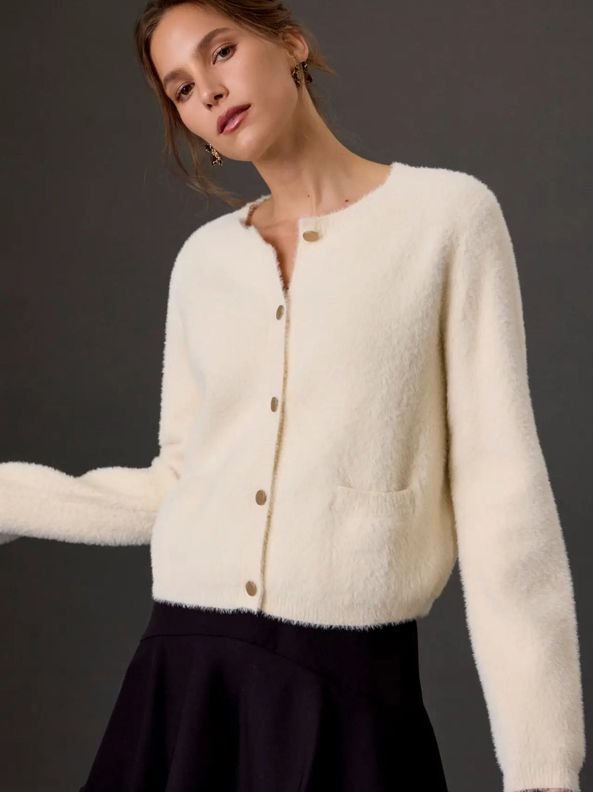 Gold Button Eyelash Knit Pocket Cardigan