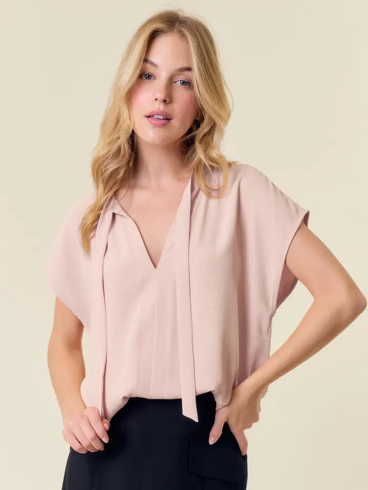 Tied V-Neck Drop Shoulder Woven Top