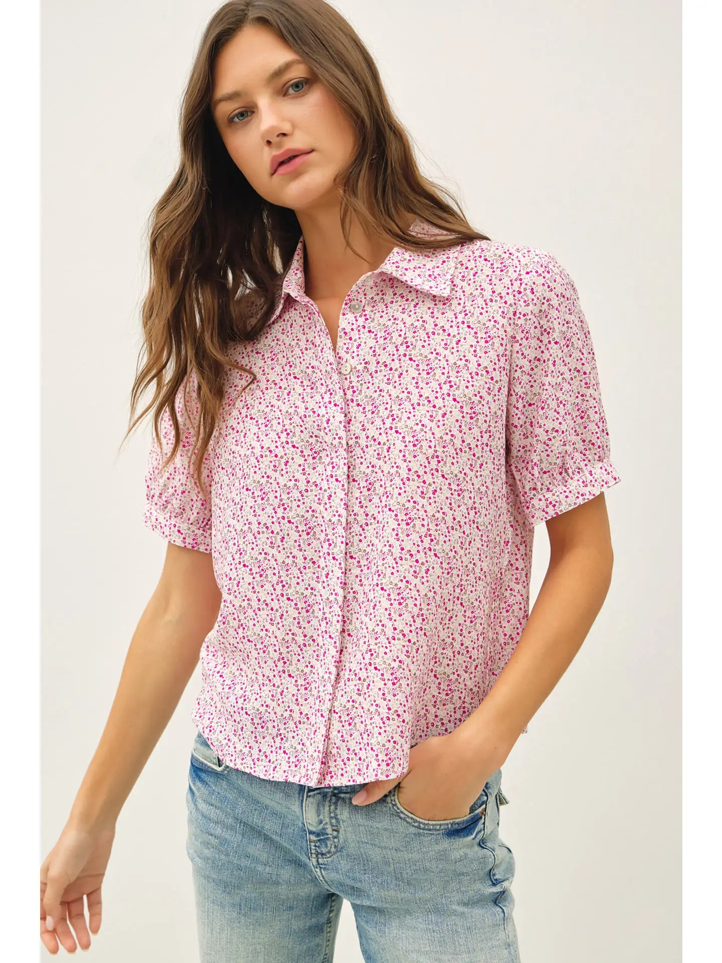 Ditsy Print Puff Short Sleeve Blouse