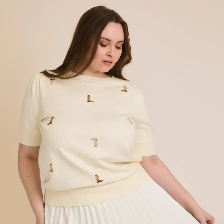 Round Neck Puff Sleeve Embroidered Knit Top