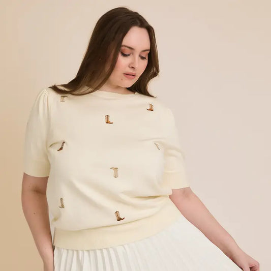 Round Neck Puff Sleeve Embroidered Knit Top