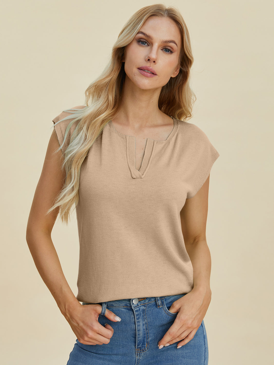 Pre-Order Double Take Full Size Notched Cap Sleeve Knit Top