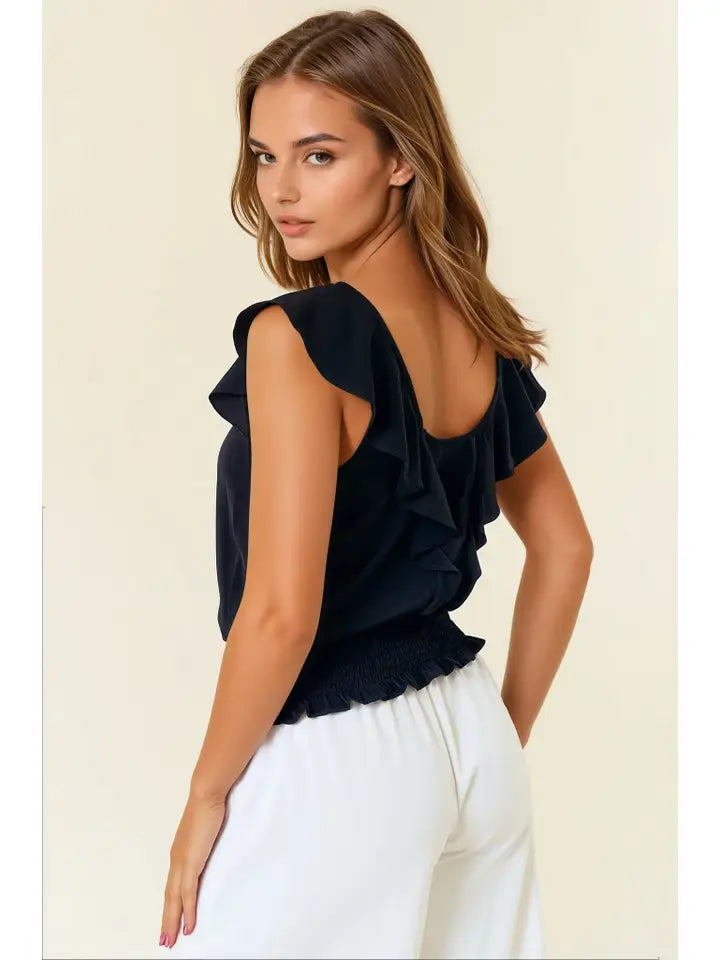 V-Neck Ruffle Top with Smocking Band
