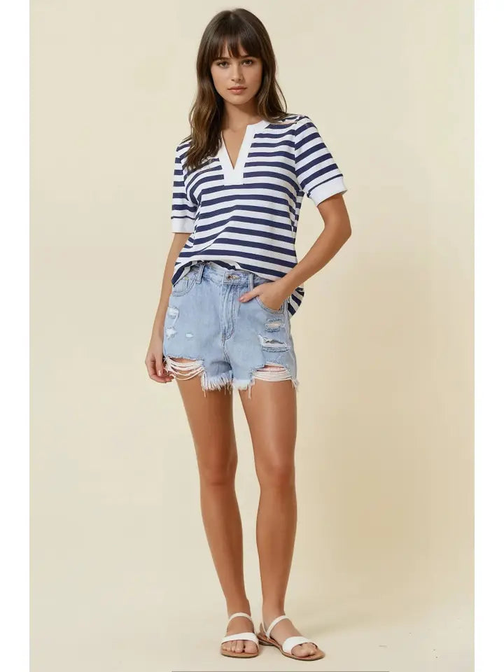 Striped V-Neck Knit Top