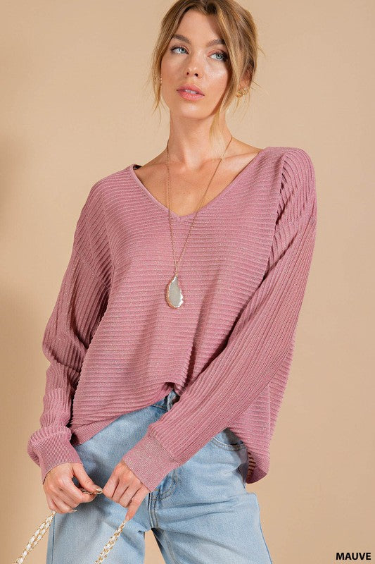 Soft Ribbed V Neck Dolman Top!