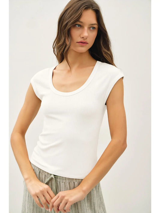 Ribbed Cap Sleeve U-Neck T-Shirt