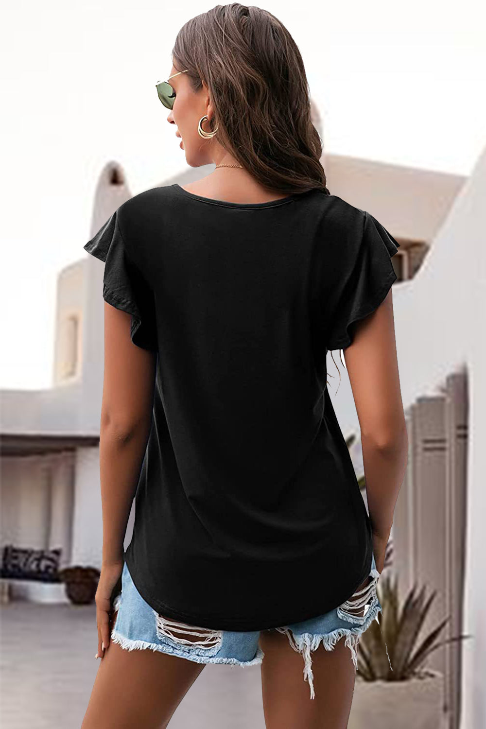 Pre-Order Ruffled Round Neck Cap Sleeve Blouse