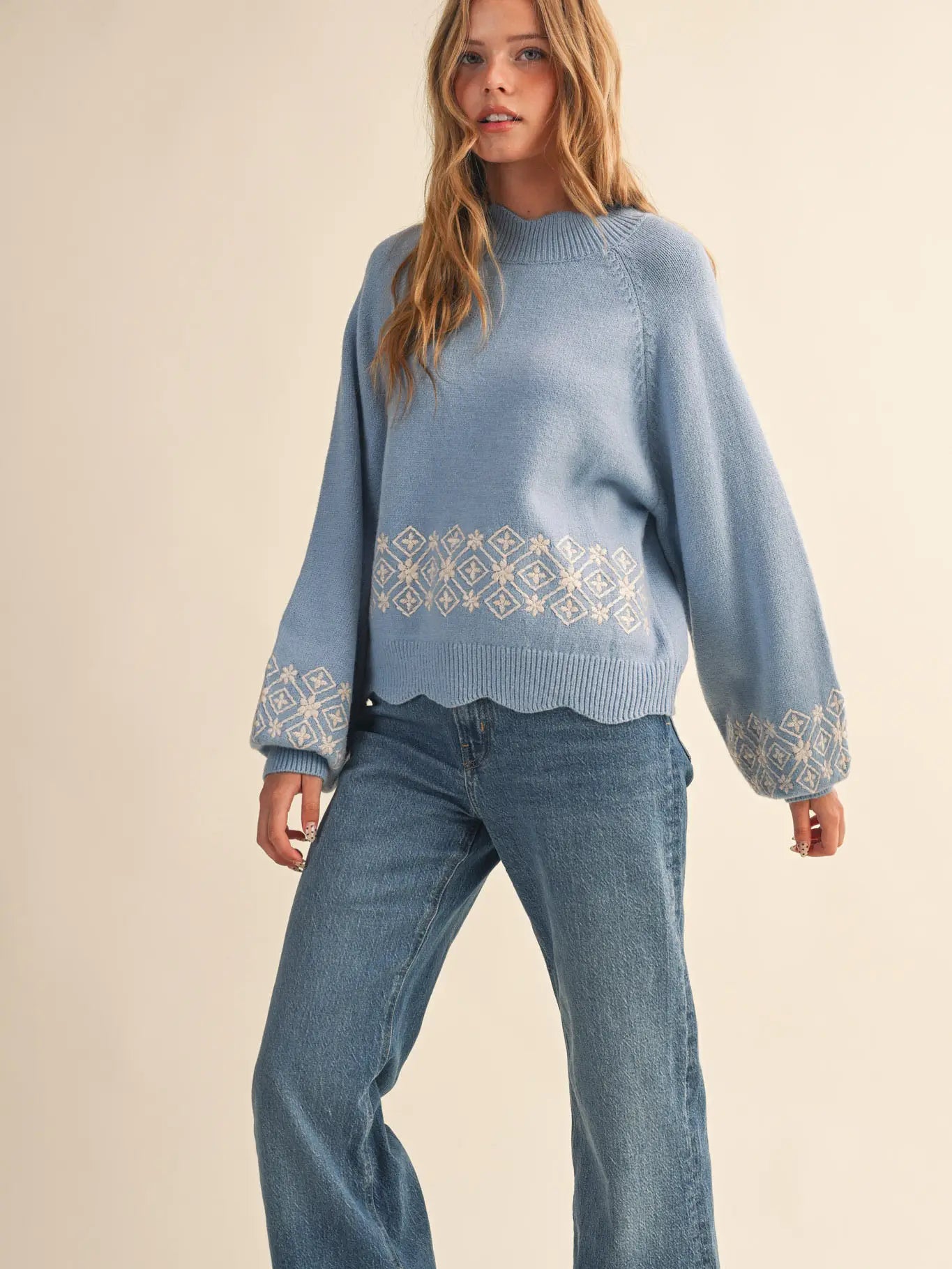 Scalloped Mock Neck Sweater with Embroidery