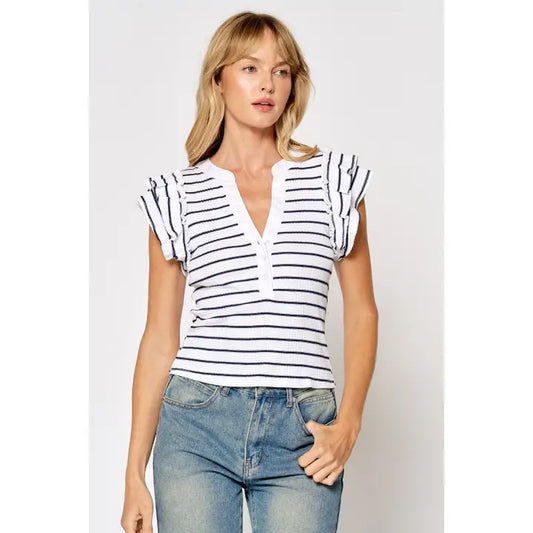 Stripe Ruffle Sleeve Sweater Henley Top