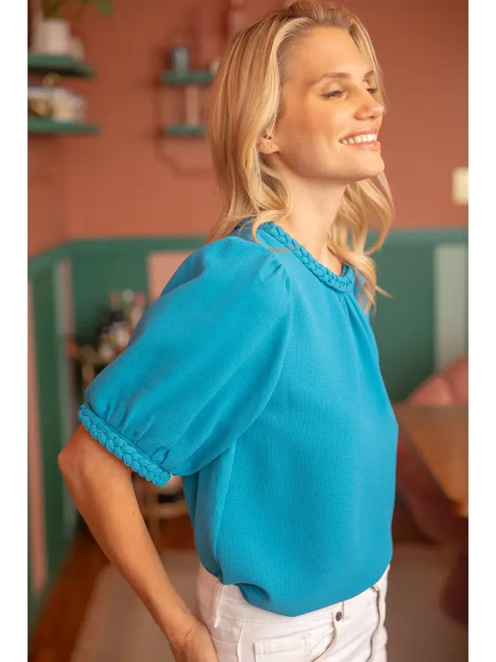 Braided Band Short Sleeve Textured Top